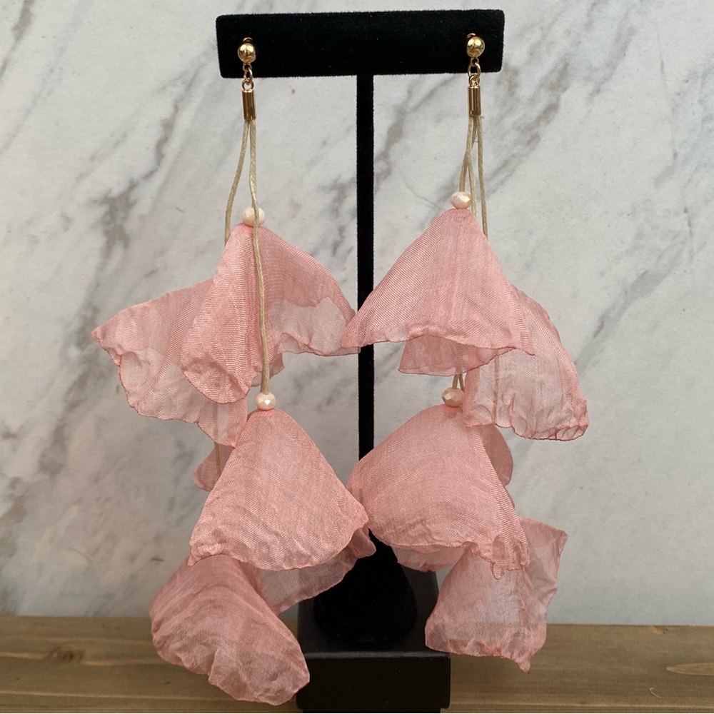 Bohemian Long Pale Pink Flower Tassel Earrings - Picture 7 of 14